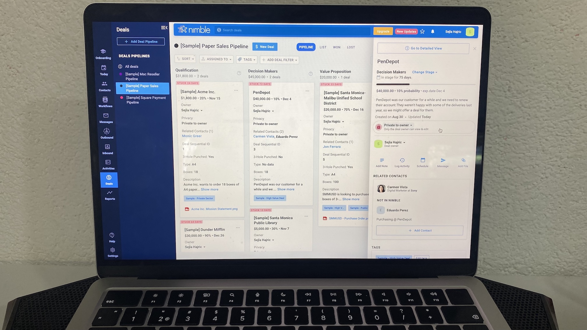 Nimble CRM pipeline view showing multiple sales stages, including detailed deal information for PenDepot.