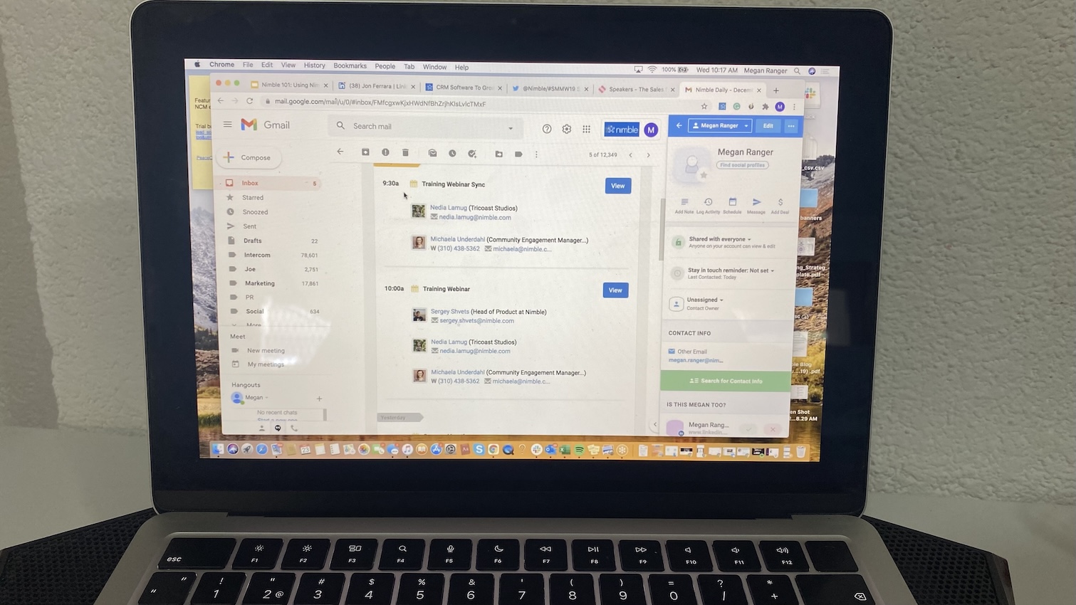 Gmail inbox open on a MacBook, with Nimble’s Prospector sidebar showing contact details for Megan Ranger.