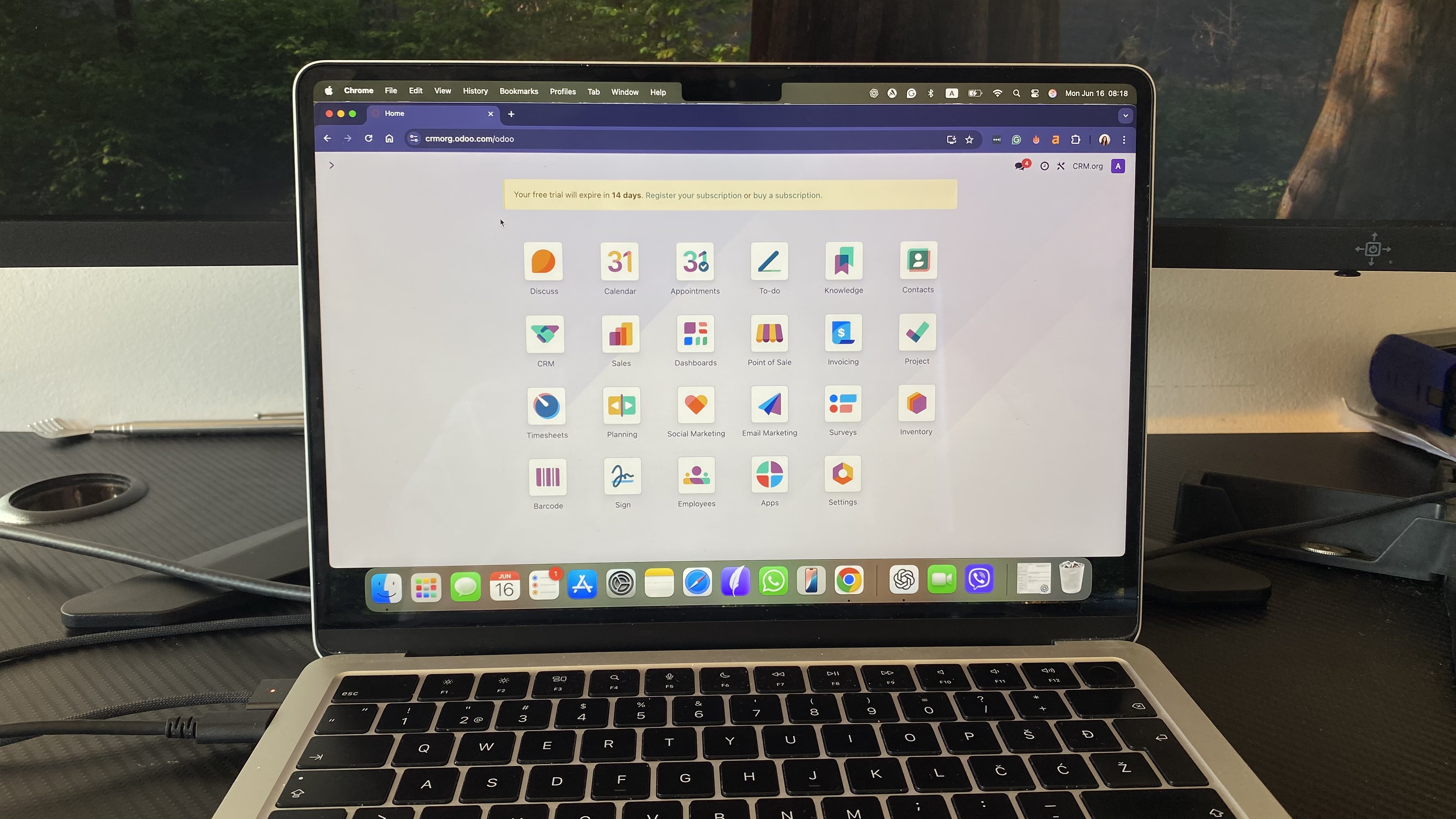 Odoo home screen with CRM, Sales, Projects, and other business app modules in one view.
