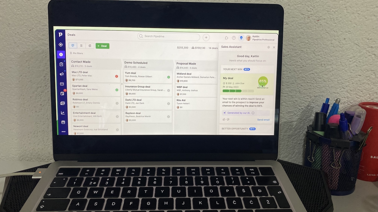 Pipedrive AI Assistant suggesting next actions for active deals in the pipeline view.