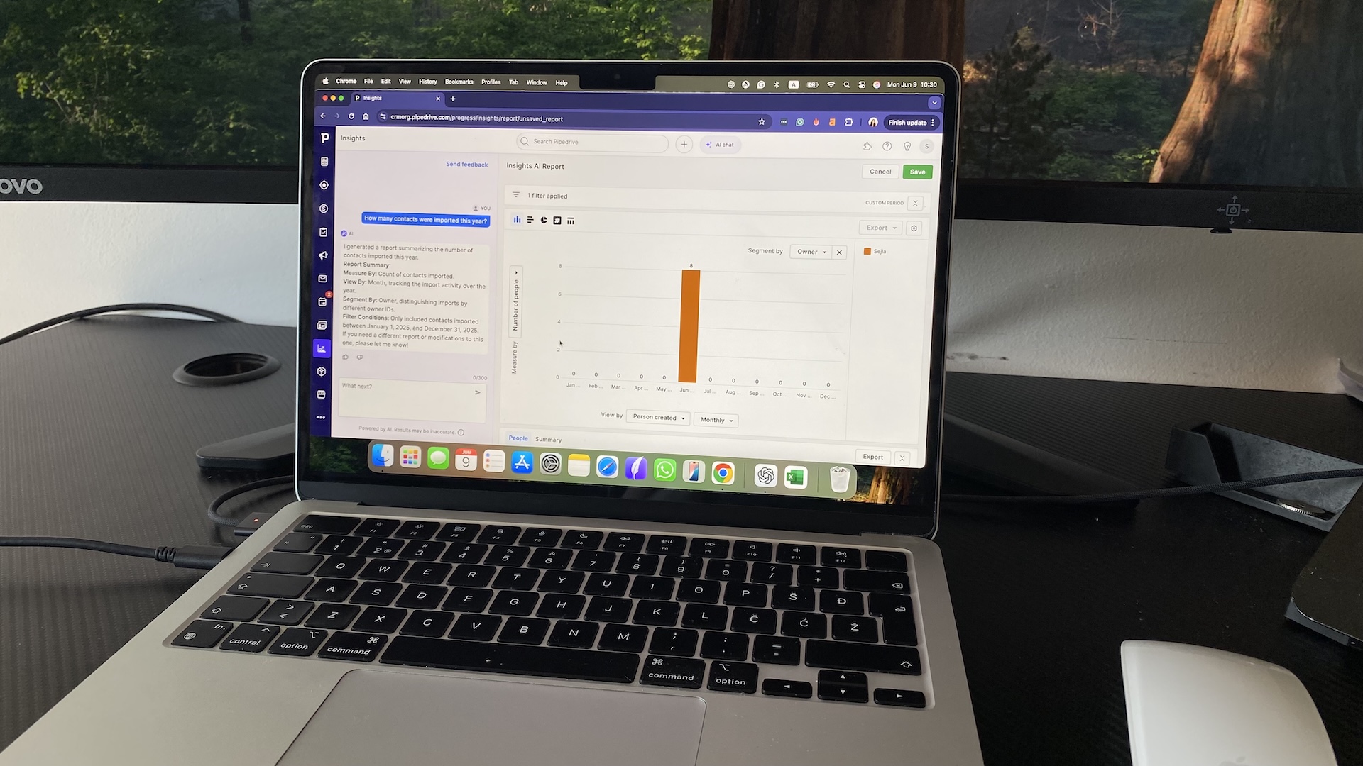 Pipedrive AI Insights report showing monthly contacts imported by owner with chart and chat-style summary on the left.