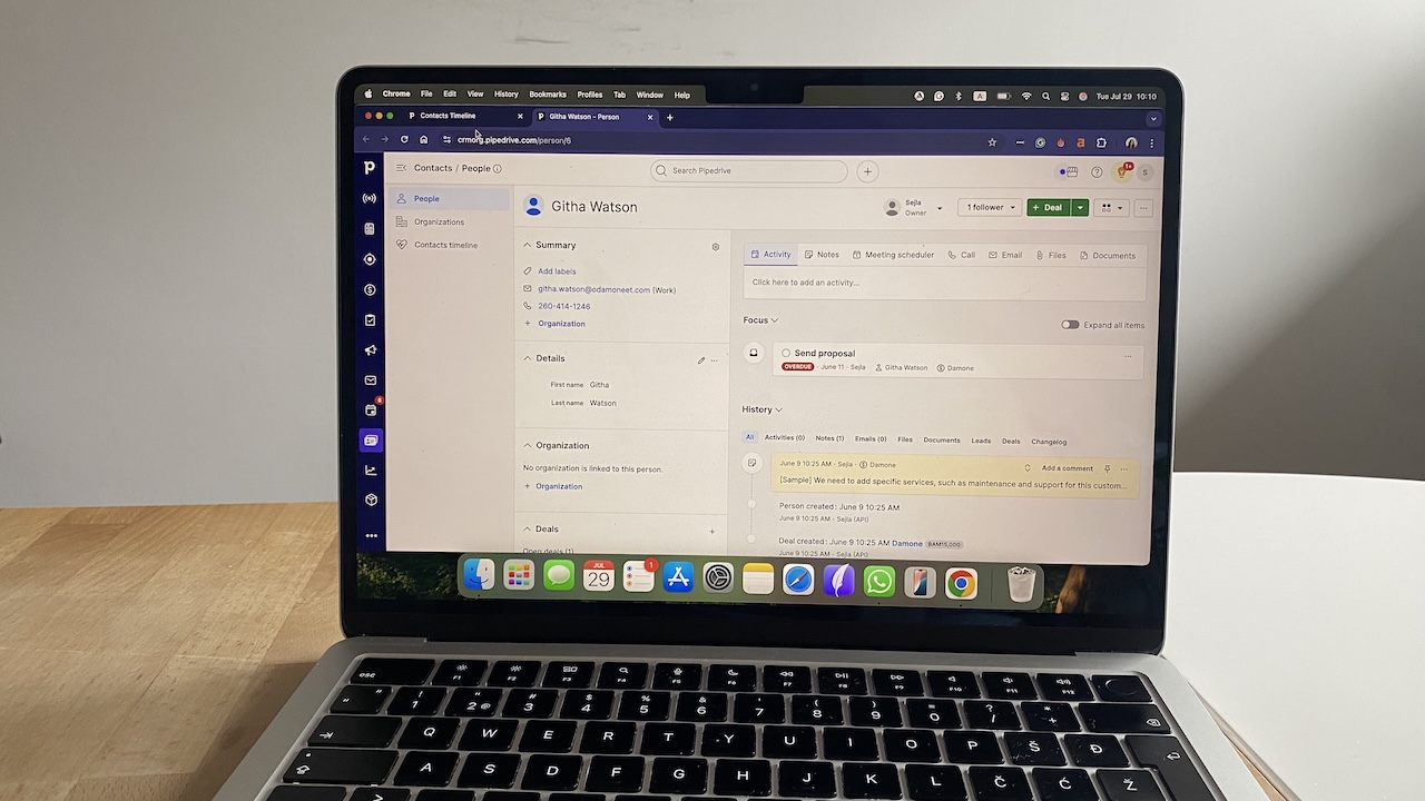 Pipedrive contact overview showing details for Githa Watson, with activity timeline, tasks, notes, and communication history.