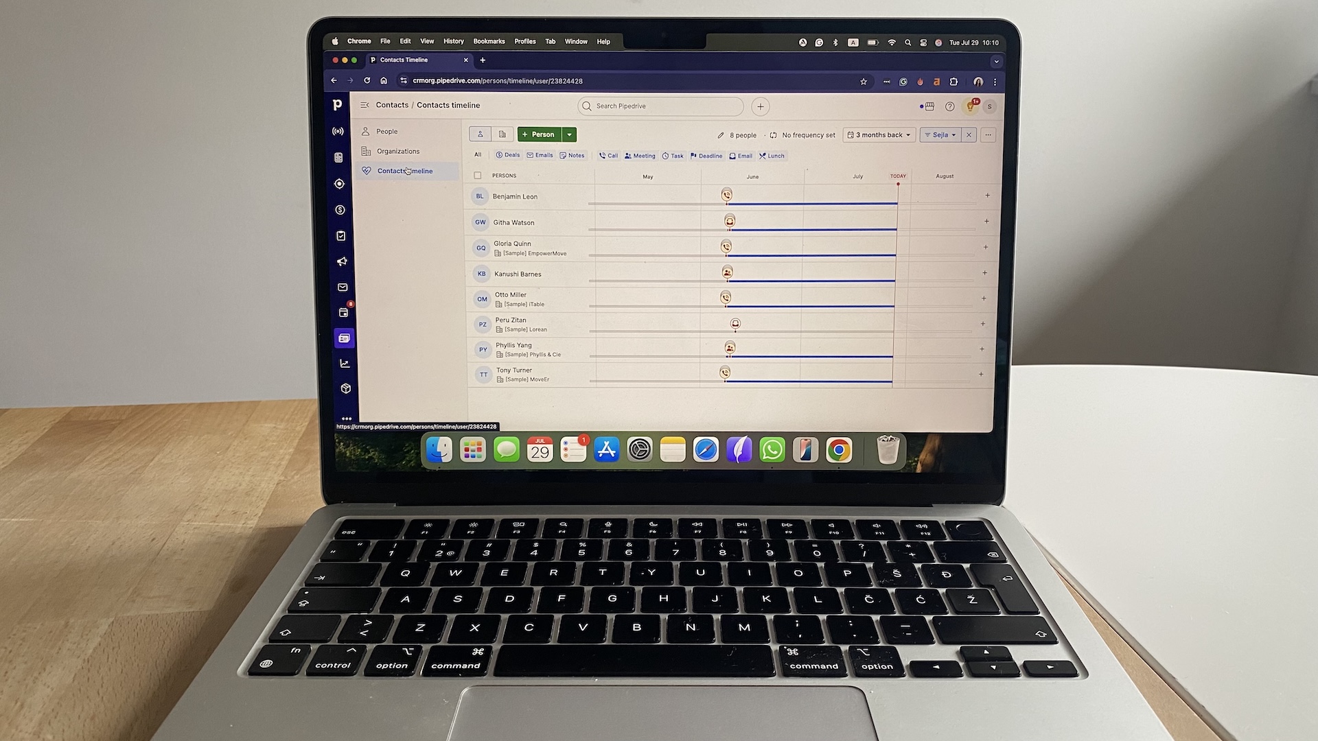 Pipedrive contact timeline showing scheduled activities for multiple people across weeks, grouped in a calendar view.