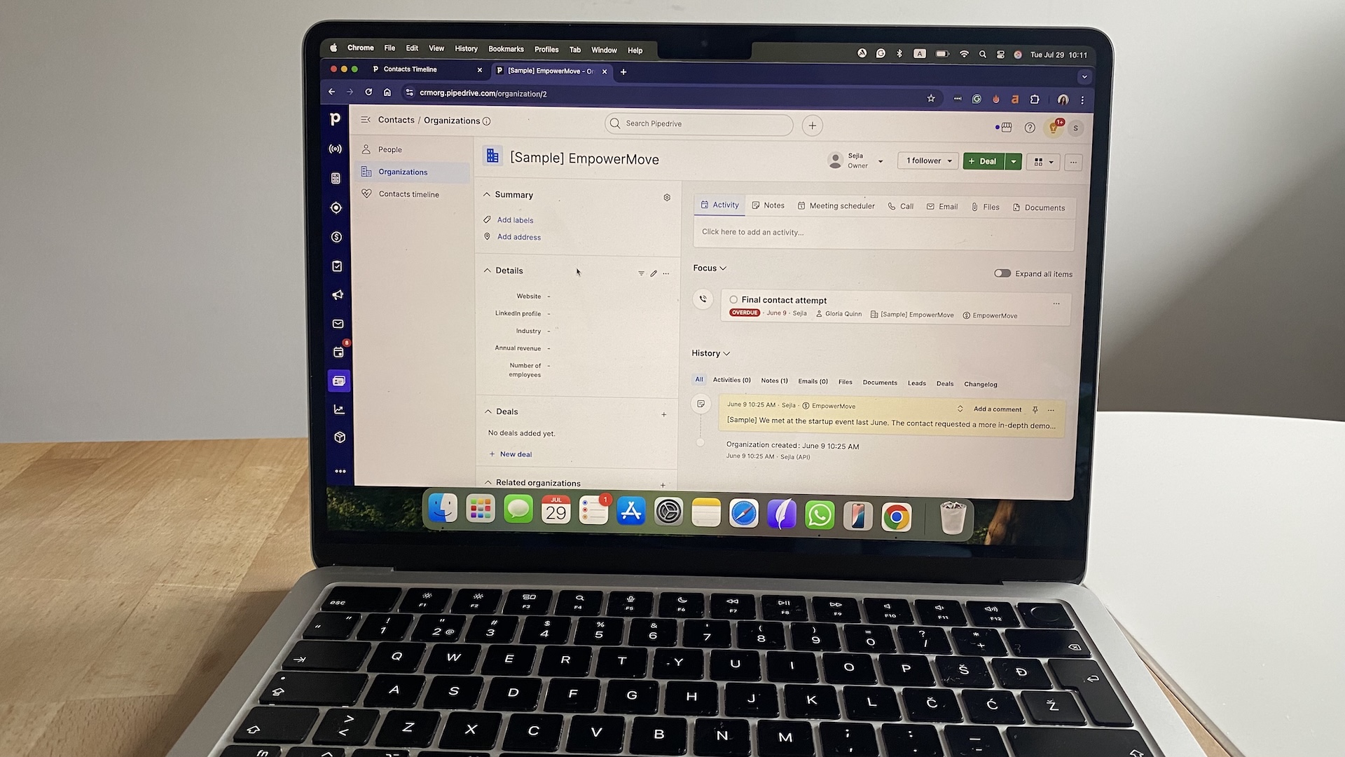 Pipedrive organization record showing activity feed, notes, and deal history for a company contact.