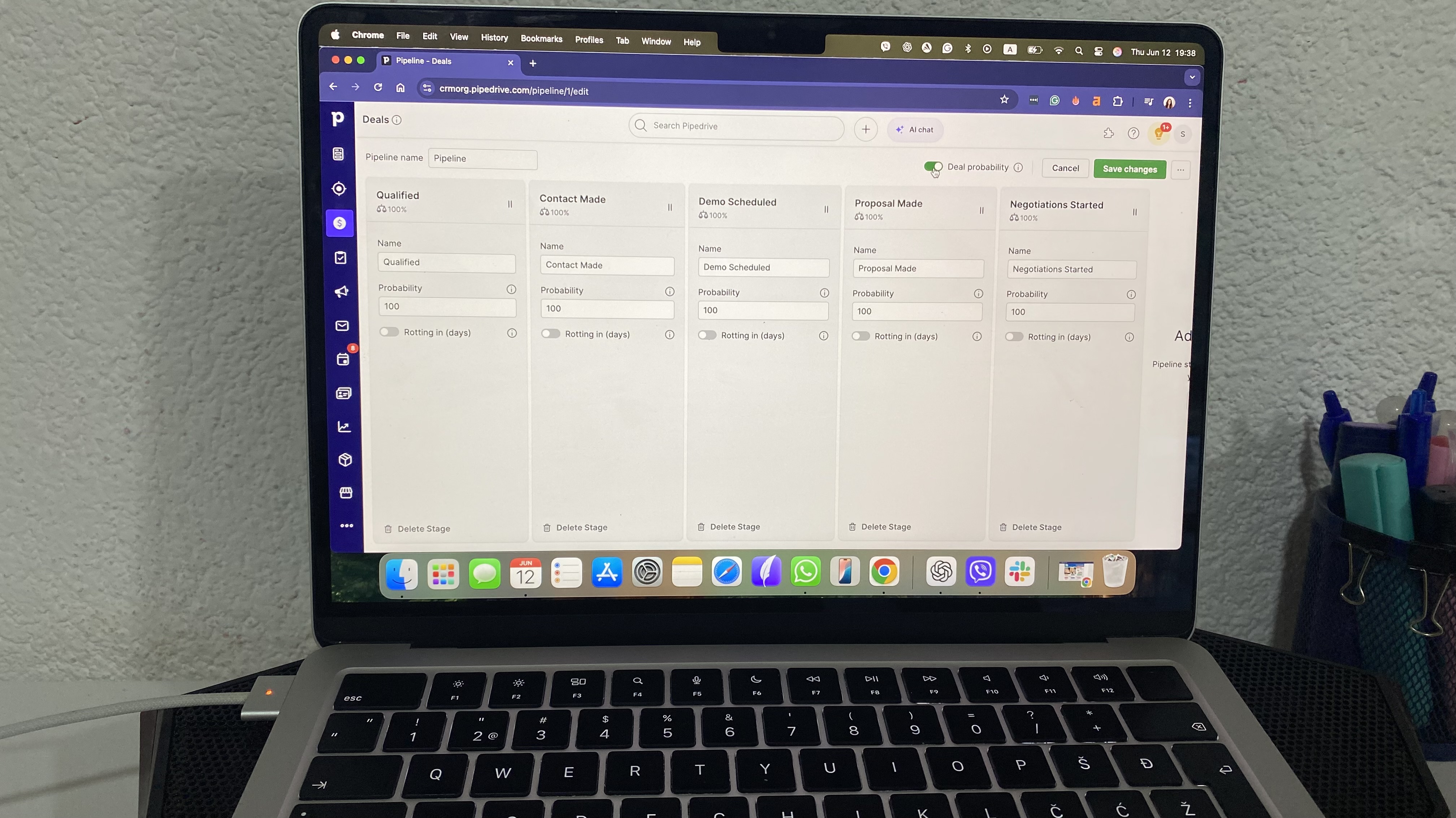 Pipedrive CRM pipeline editor with customizable sales stages and probability settings for each deal phase