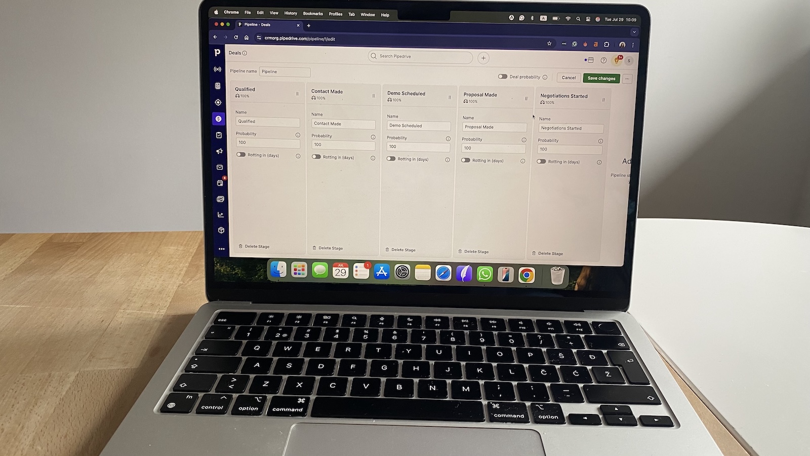 Pipedrive CRM pipeline editor showing deal stages like Qualified, Contact Made, Demo Scheduled, Proposal Made, and Negotiations Started.