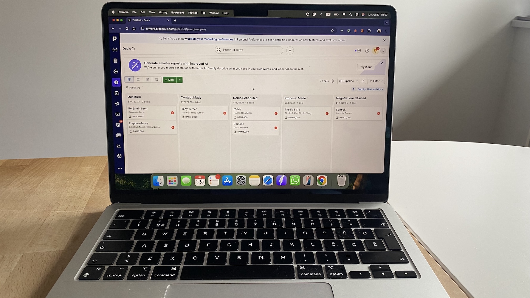 Pipedrive pipeline view showing deals sorted by sales stage from qualified to negotiations.