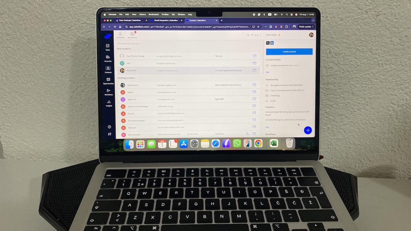 Salesflare contact list showing relationship details, contact info, and sidebar navigation.