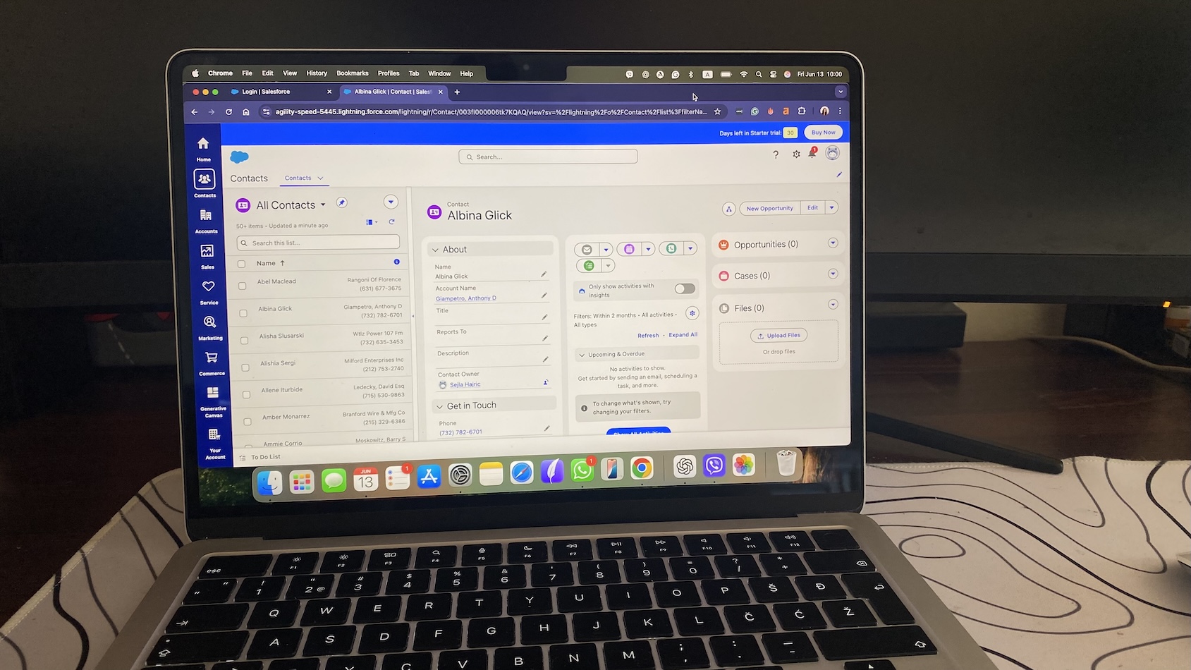Salesforce contact record for a person named Albina Glick, with contact info, activity filters, and related account details visible.