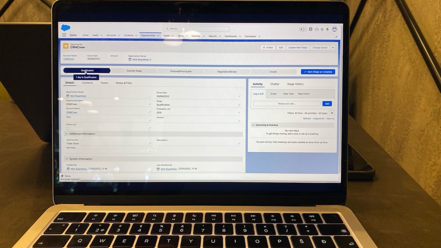 Salesforce opportunity view showing qualification stage and activity panel