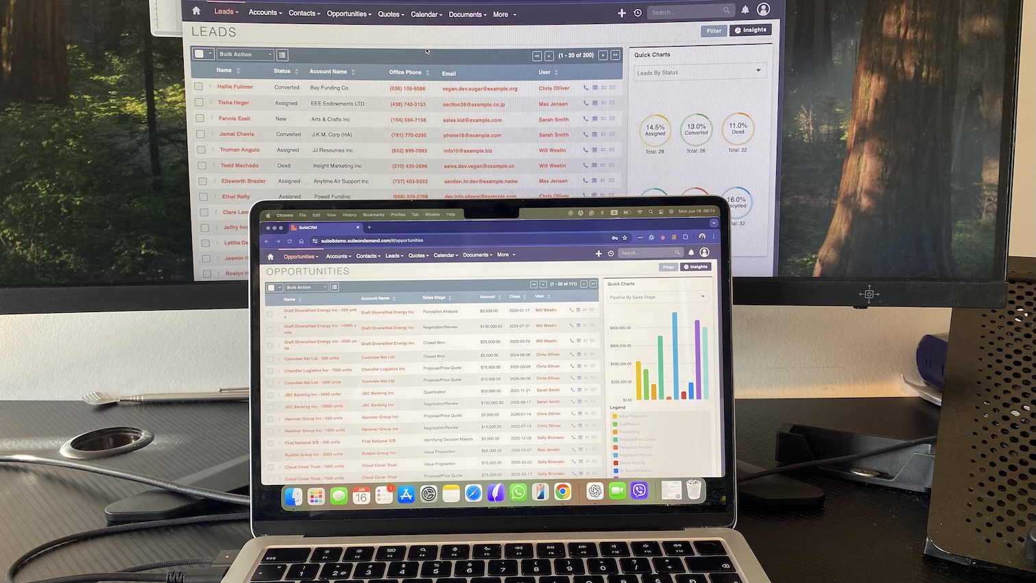SuiteCRM screen showing leads table and opportunities pipeline with colored bar chart on a MacBook in a dual-monitor setup.