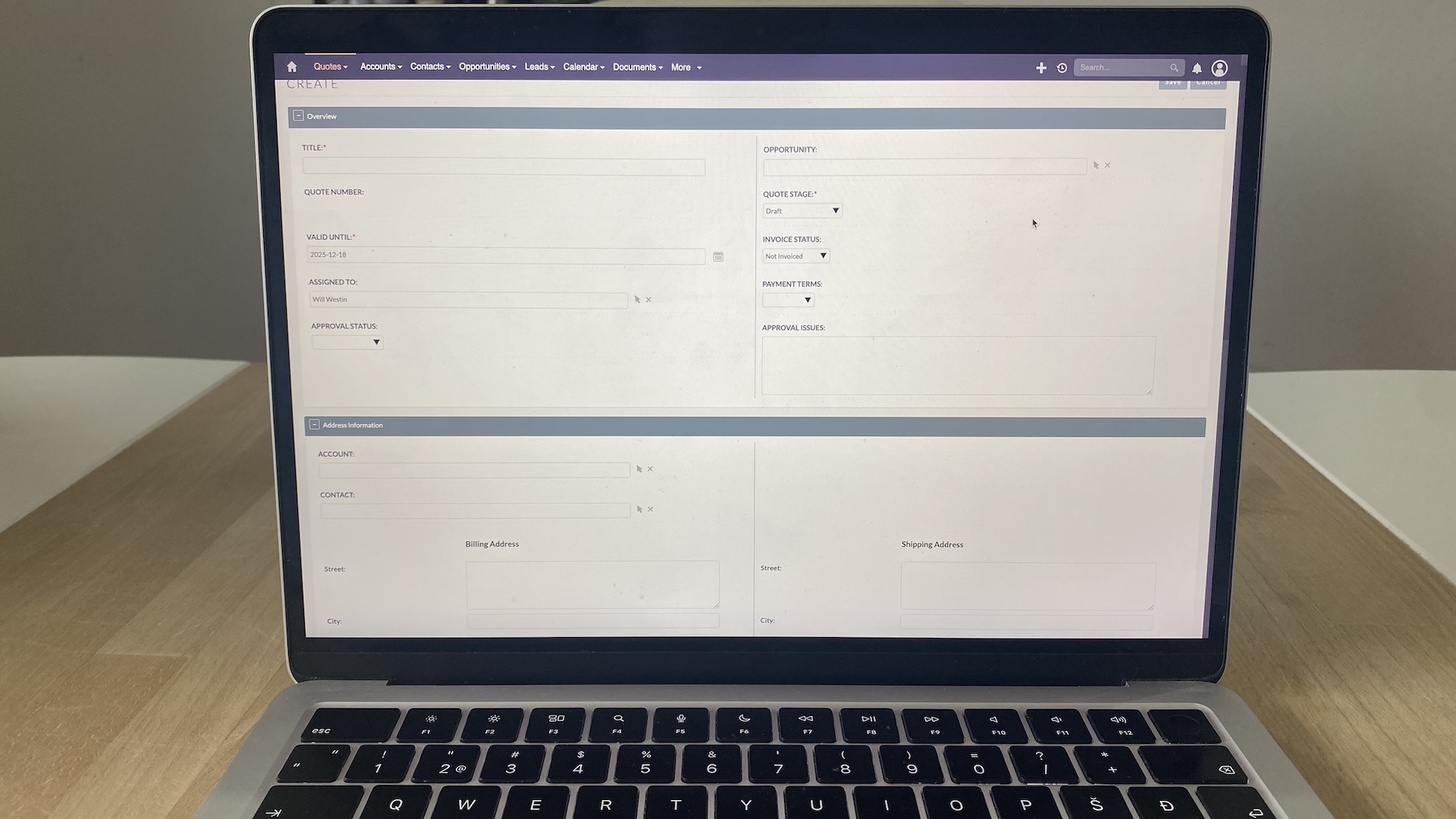 Create quote screen in SuiteCRM showing draft stage, assigned user, billing and shipping info, and opportunity fields.