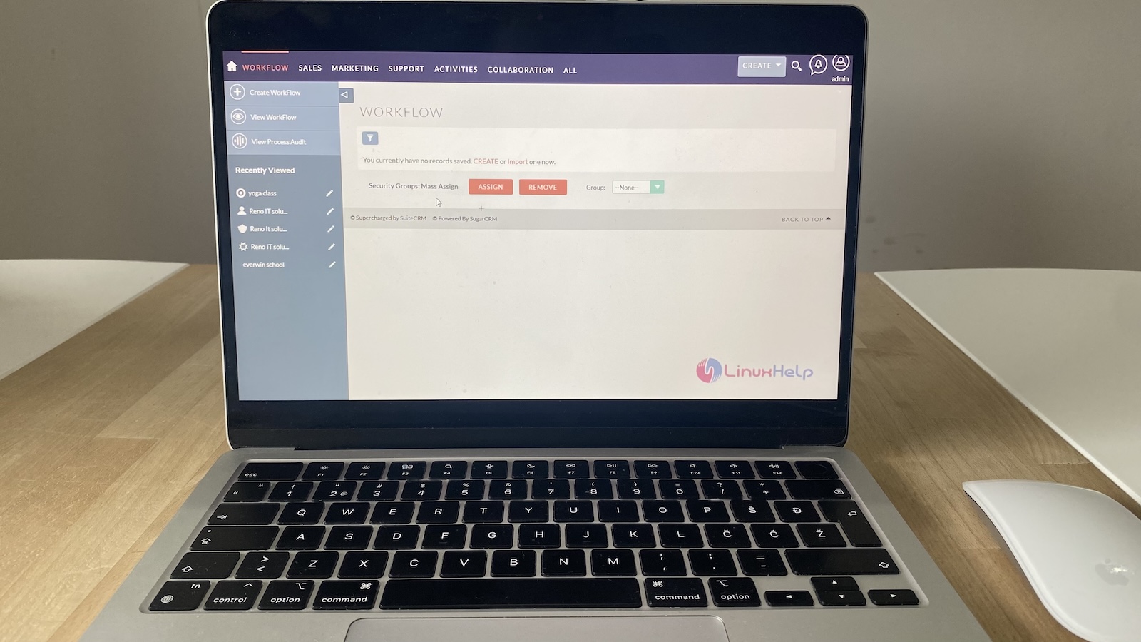 SuiteCRM workflow screen with no records saved, showing options to create workflows and assign security groups.
