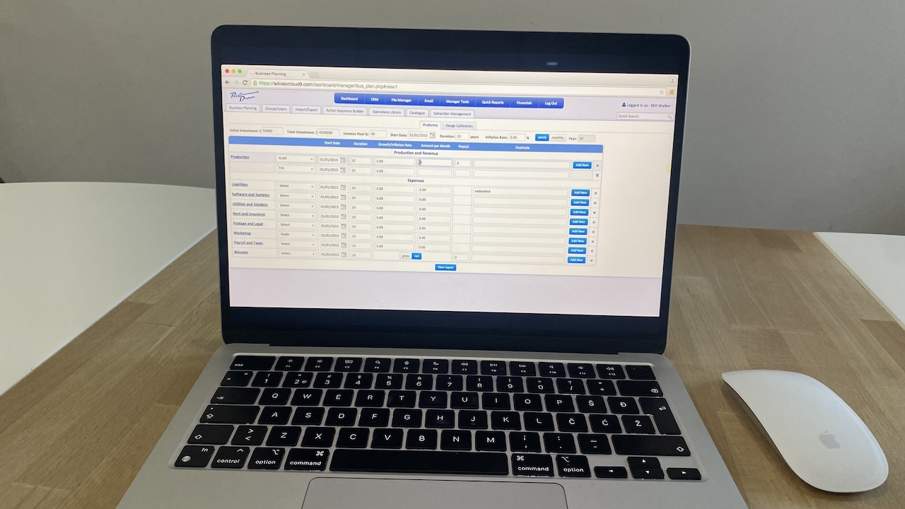 Business planning view in Ugru CRM showing line-item fields for production, revenue, and various expense categories.