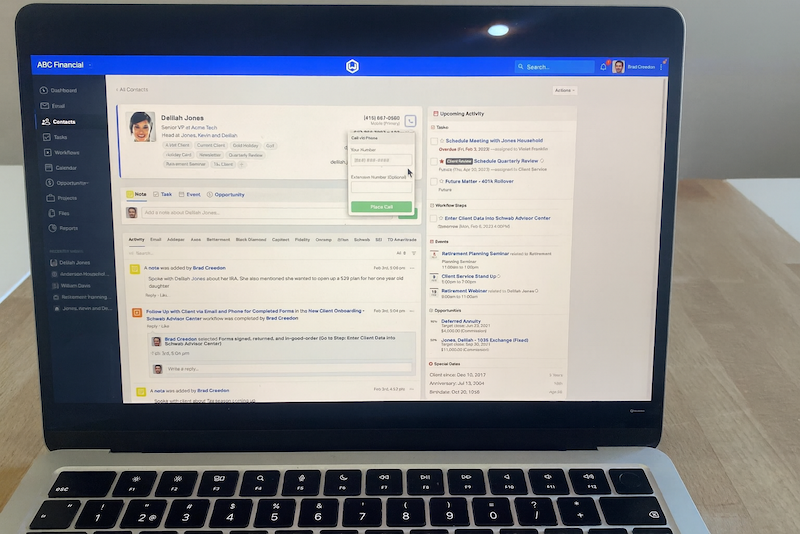 Wealthbox CRM contact profile showing activity timeline, upcoming tasks, and communication options for a financial advisor.
