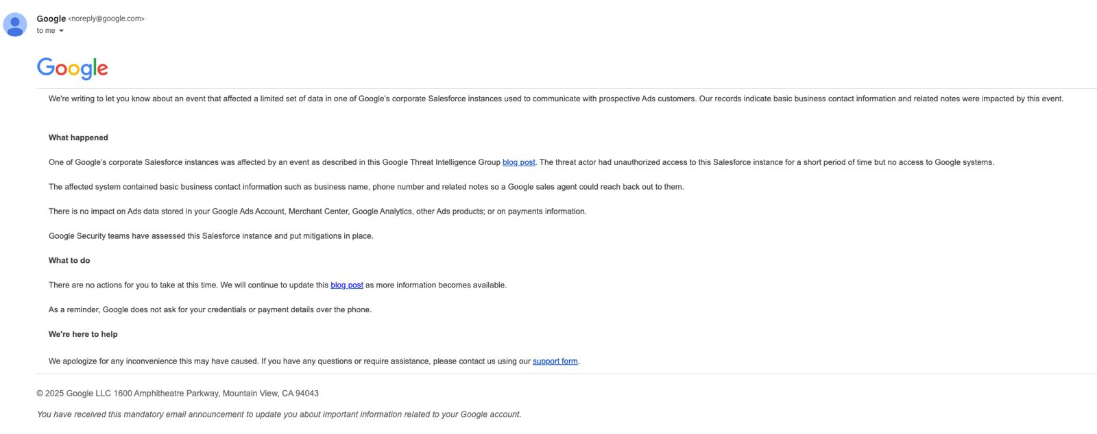 A screenshot of an email sent by Google warning of the Salesforce breach