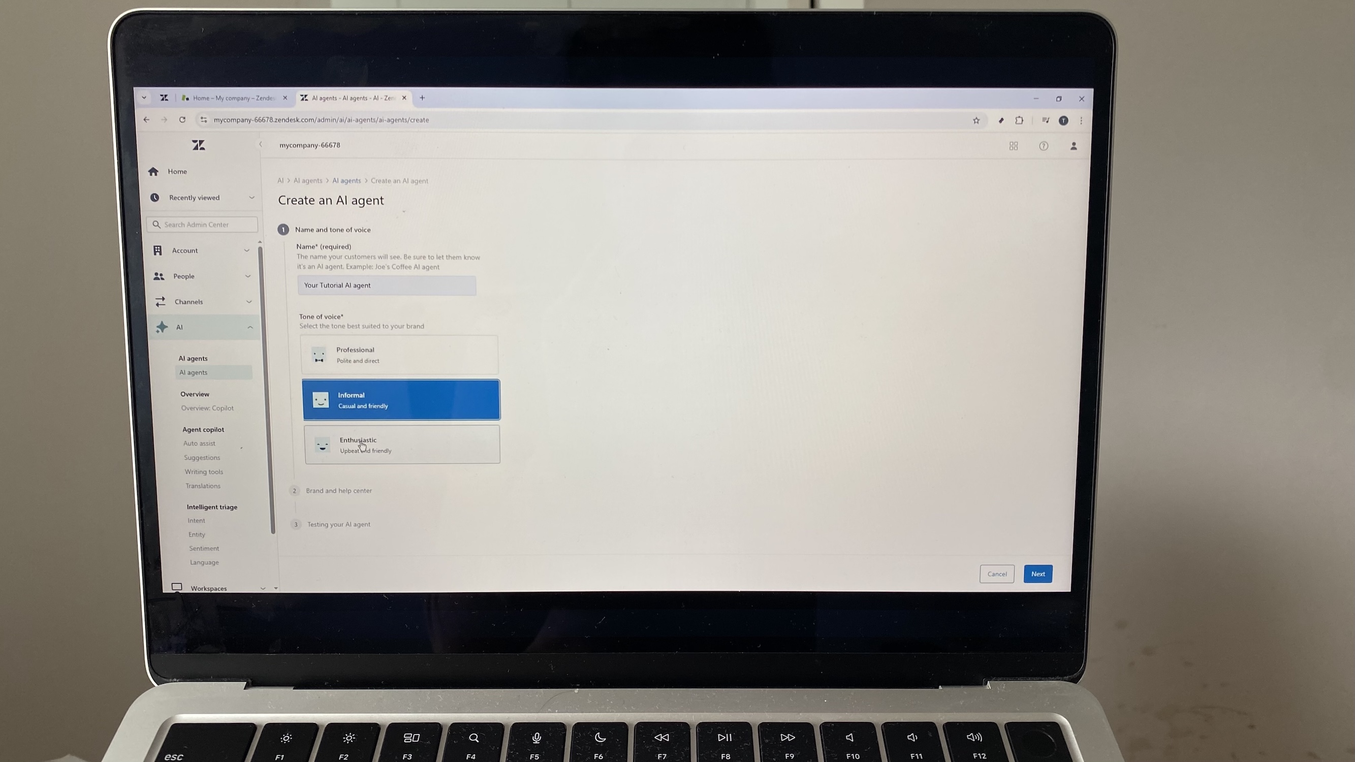 Zendesk Sell AI agent setup screen with tone of voice selection.