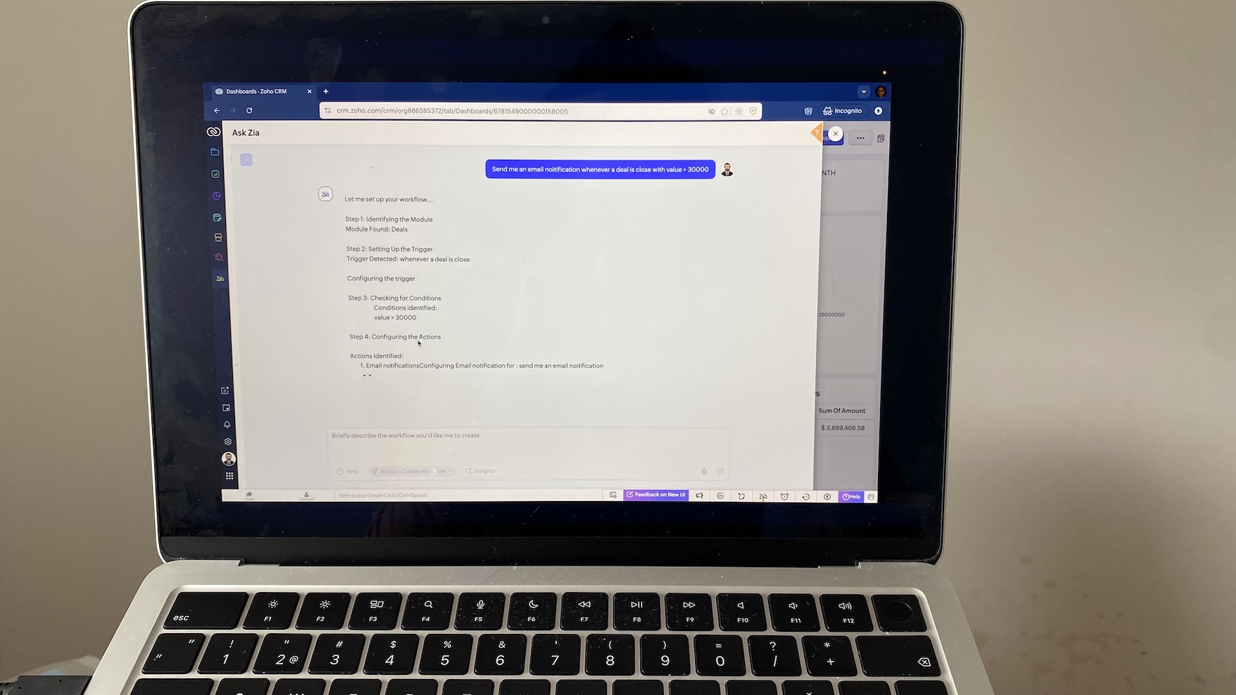 Zoho CRM Zia AI assistant setting up a workflow based on a user's prompt entered.